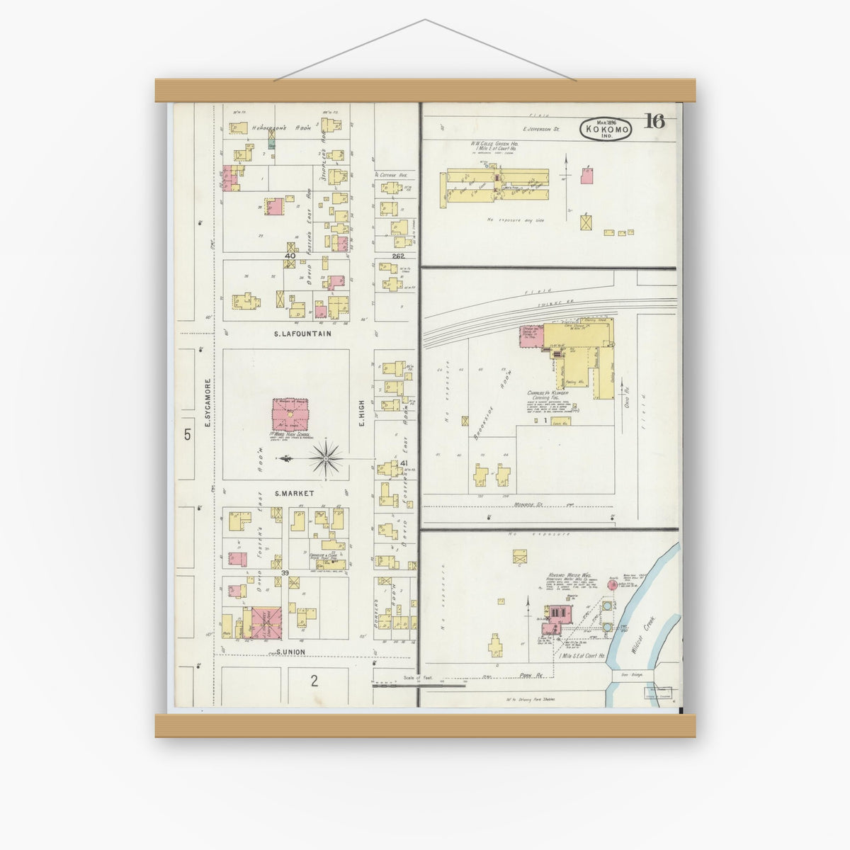 Old map wall art mockup — magnetic wood frame on white wall — Sanborn Fire Insurance Map from Kokomo, Howard County, Indiana (1896), Sheet #0016