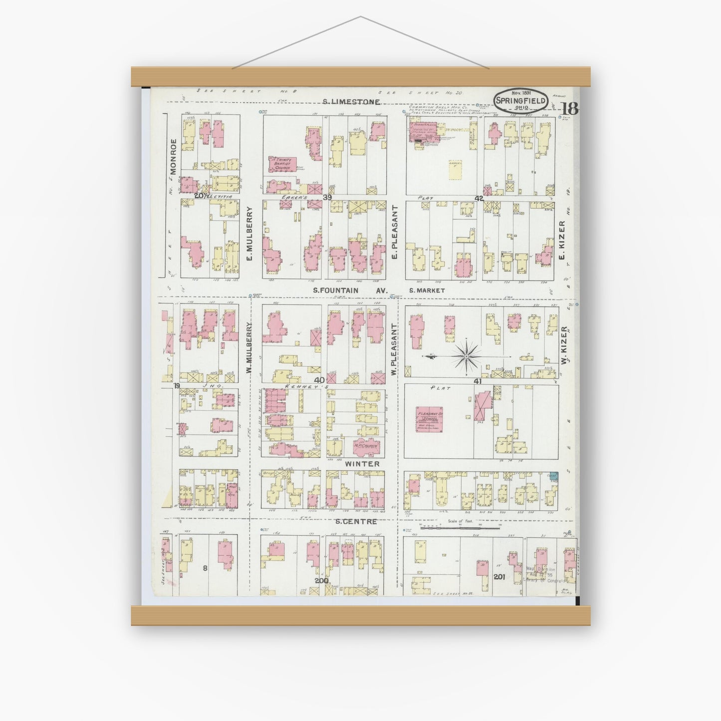 Old map wall art mockup — magnetic wood frame on white wall — Sanborn Fire Insurance Map from Springfield, Clark County, Ohio (1891), Sheet #0018