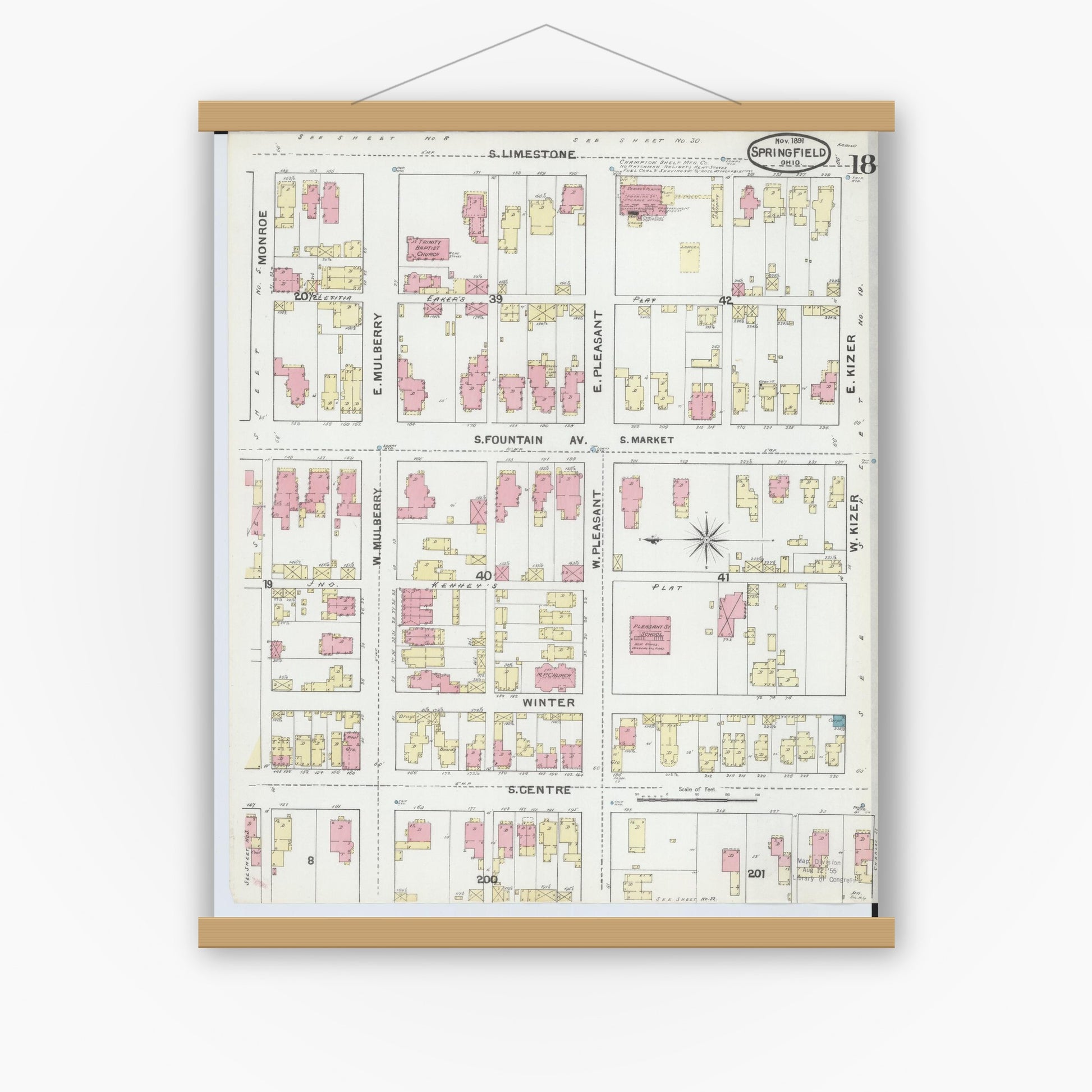 Old map wall art mockup — magnetic wood frame on white wall — Sanborn Fire Insurance Map from Springfield, Clark County, Ohio (1891), Sheet #0018
