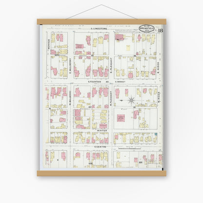 Old map wall art mockup — magnetic wood frame on white wall — Sanborn Fire Insurance Map from Springfield, Clark County, Ohio (1891), Sheet #0018