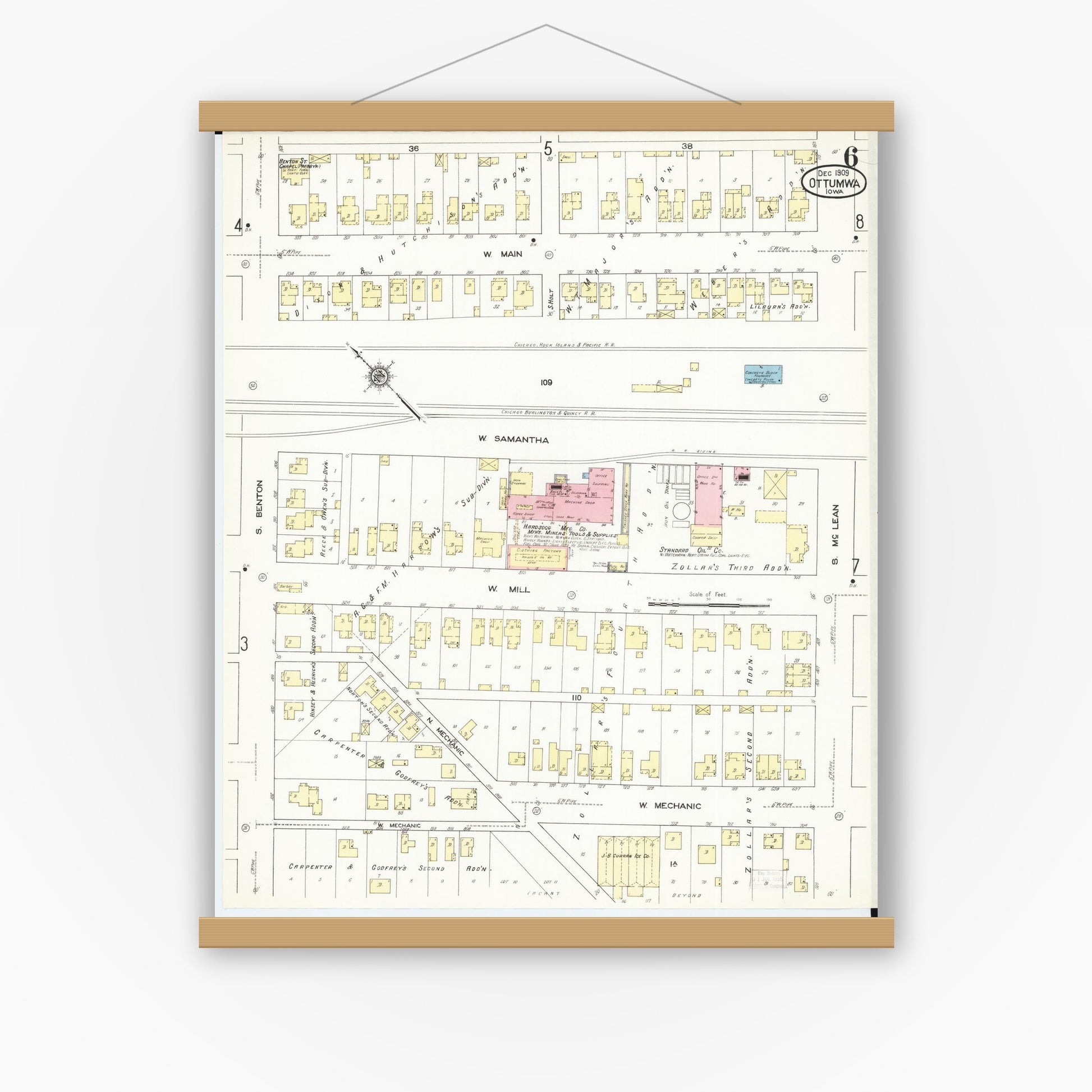 Old map wall art mockup — magnetic wood frame on white wall — Sanborn Fire Insurance Map from Ottumwa, Wapello County, Iowa (1909), Sheet #0006