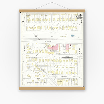 Old map wall art mockup — magnetic wood frame on white wall — Sanborn Fire Insurance Map from Ottumwa, Wapello County, Iowa (1909), Sheet #0006