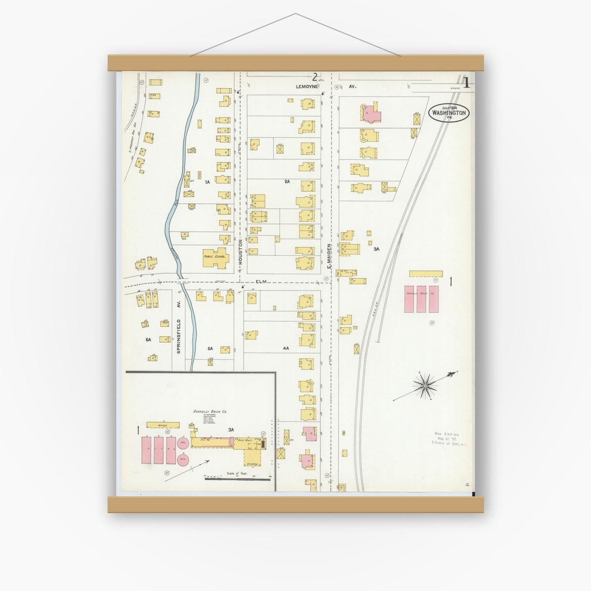 Old map wall art mockup — magnetic wood frame on white wall — Sanborn Fire Insurance Map from Washington, Washington County, Pennsylvania (1904), Sheet #0001