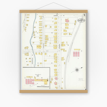 Old map wall art mockup — magnetic wood frame on white wall — Sanborn Fire Insurance Map from Washington, Washington County, Pennsylvania (1904), Sheet #0001