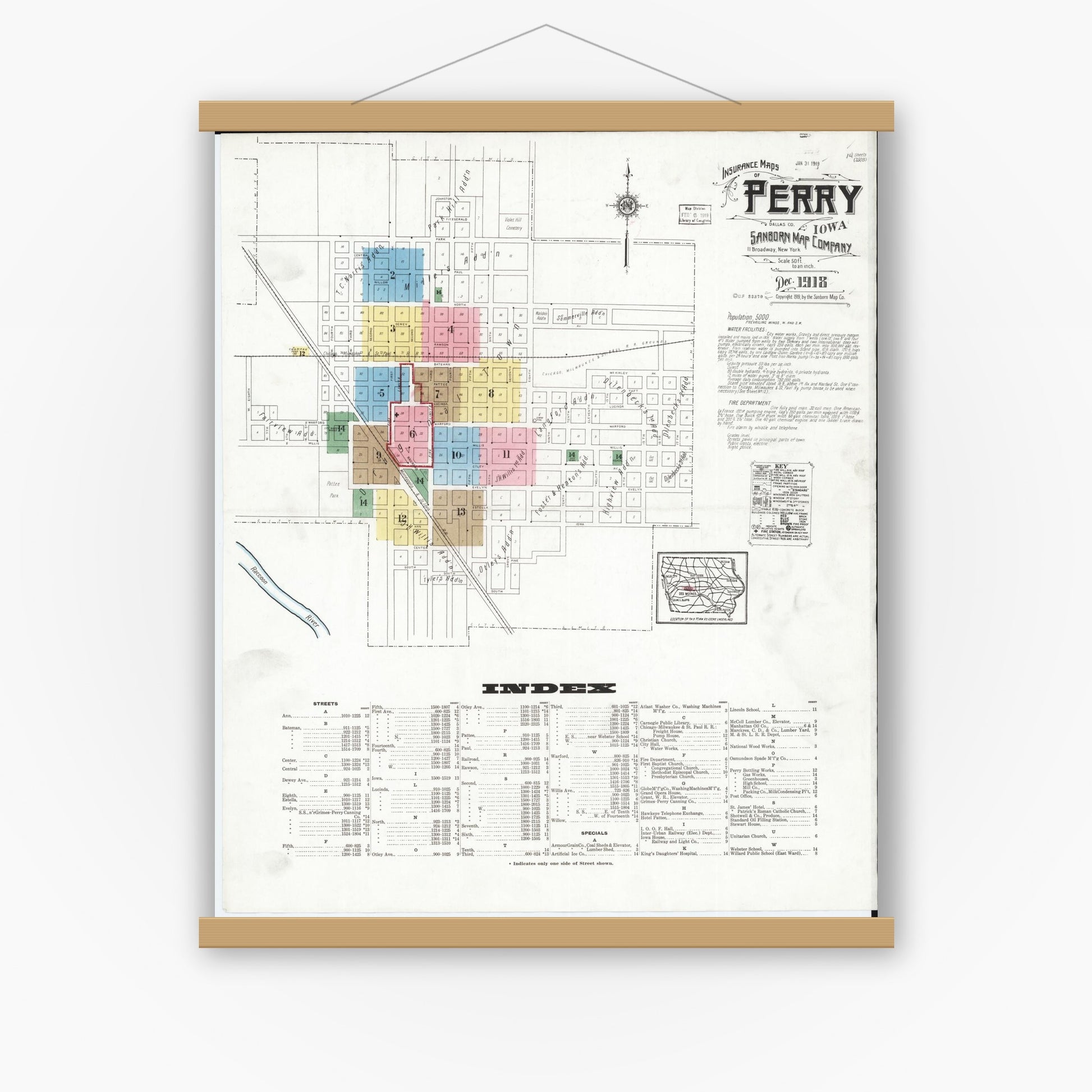 Old map wall art mockup — magnetic wood frame on white wall — Sanborn Fire Insurance Map from Perry, Dallas County, Iowa (1918) â€” Complete Set