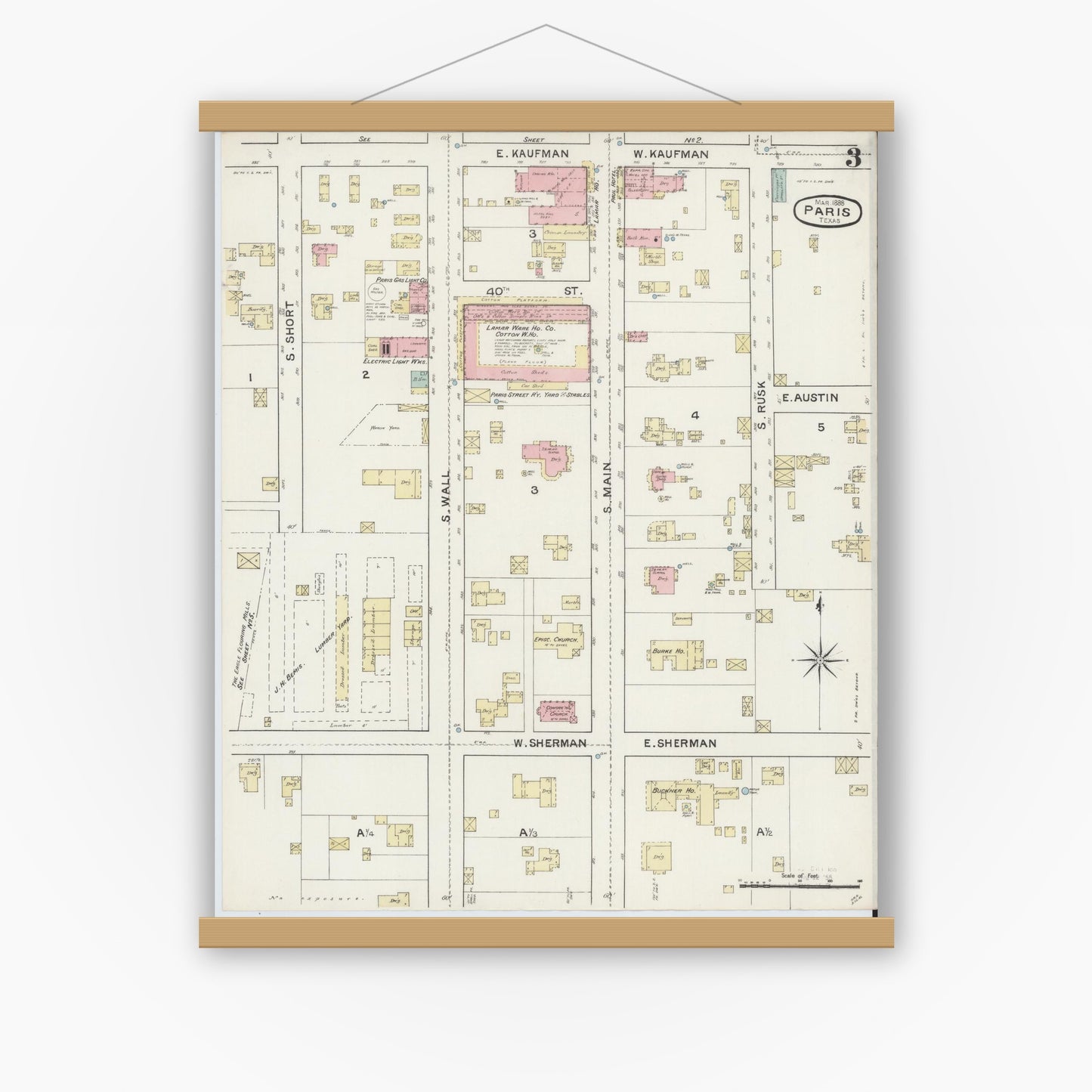 Old map wall art mockup — magnetic wood frame on white wall — Sanborn Fire Insurance Map from Paris, Lamar County, Texas (1888), Sheet #0003