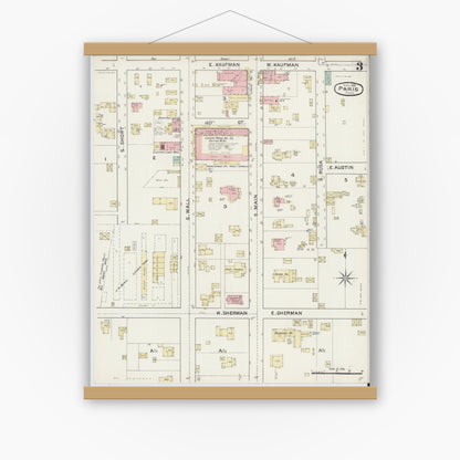 Old map wall art mockup — magnetic wood frame on white wall — Sanborn Fire Insurance Map from Paris, Lamar County, Texas (1888), Sheet #0003