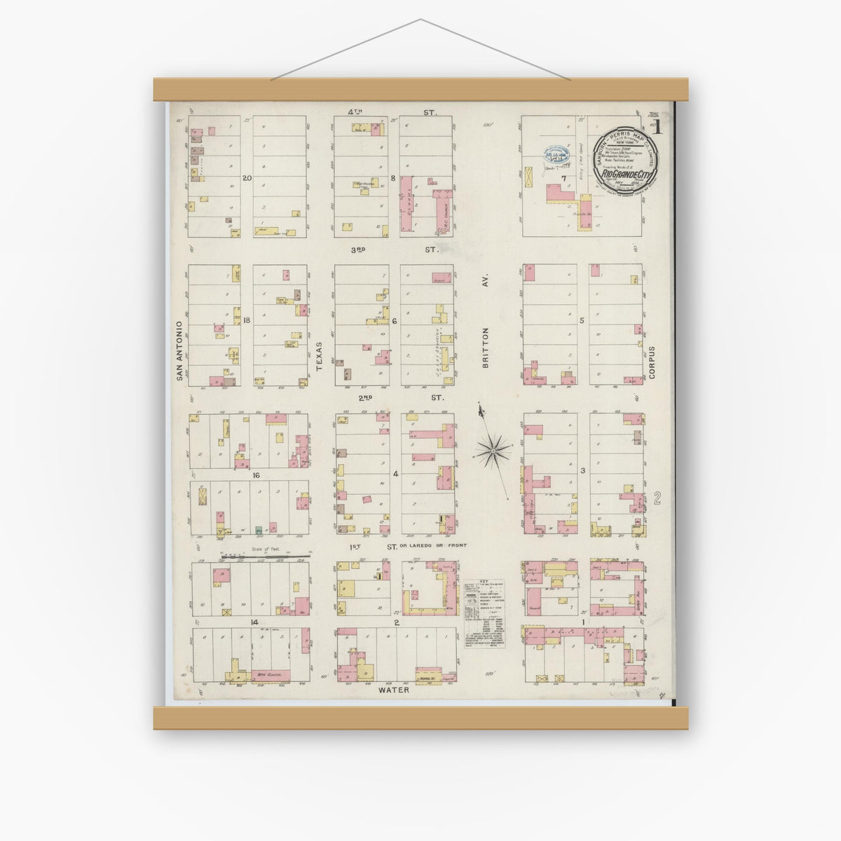Old map wall art mockup — magnetic wood frame on white wall — Sanborn Fire Insurance Map from Rio Grande City, Starr County, Texas (1894), Sheet #0001