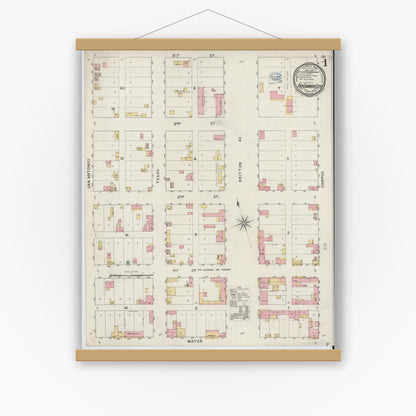 Old map wall art mockup — magnetic wood frame on white wall — Sanborn Fire Insurance Map from Rio Grande City, Starr County, Texas (1894), Sheet #0001