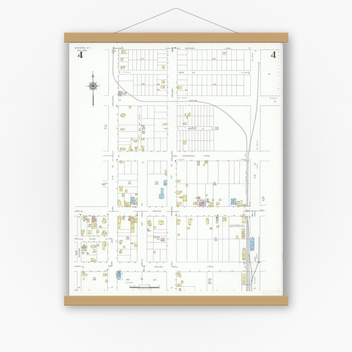 Old map wall art mockup — magnetic wood frame on white wall — Sanborn Fire Insurance Map from Lewiston, Niagara County, New York (1940), Sheet #0004