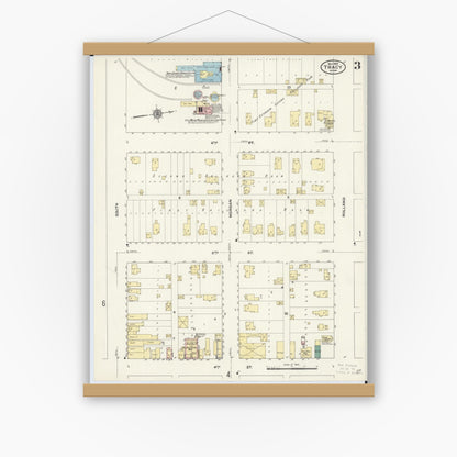 Old map wall art mockup — magnetic wood frame on white wall — Sanborn Fire Insurance Map from Tracy, Lyon County, Minnesota (1909), Sheet #0003