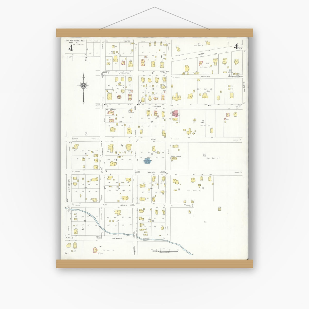 Old map wall art mockup — magnetic wood frame on white wall — Sanborn Fire Insurance Map from San Augustine, San Augustine County, Texas (1937), Sheet #0004