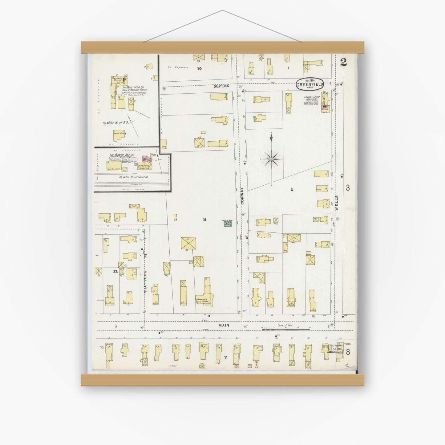 Old map wall art mockup — magnetic wood frame on white wall — Sanborn Fire Insurance Map from Greenfield, Franklin County, Massachusetts (1896), Sheet #0002