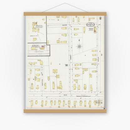 Old map wall art mockup — magnetic wood frame on white wall — Sanborn Fire Insurance Map from Greenfield, Franklin County, Massachusetts (1896), Sheet #0002