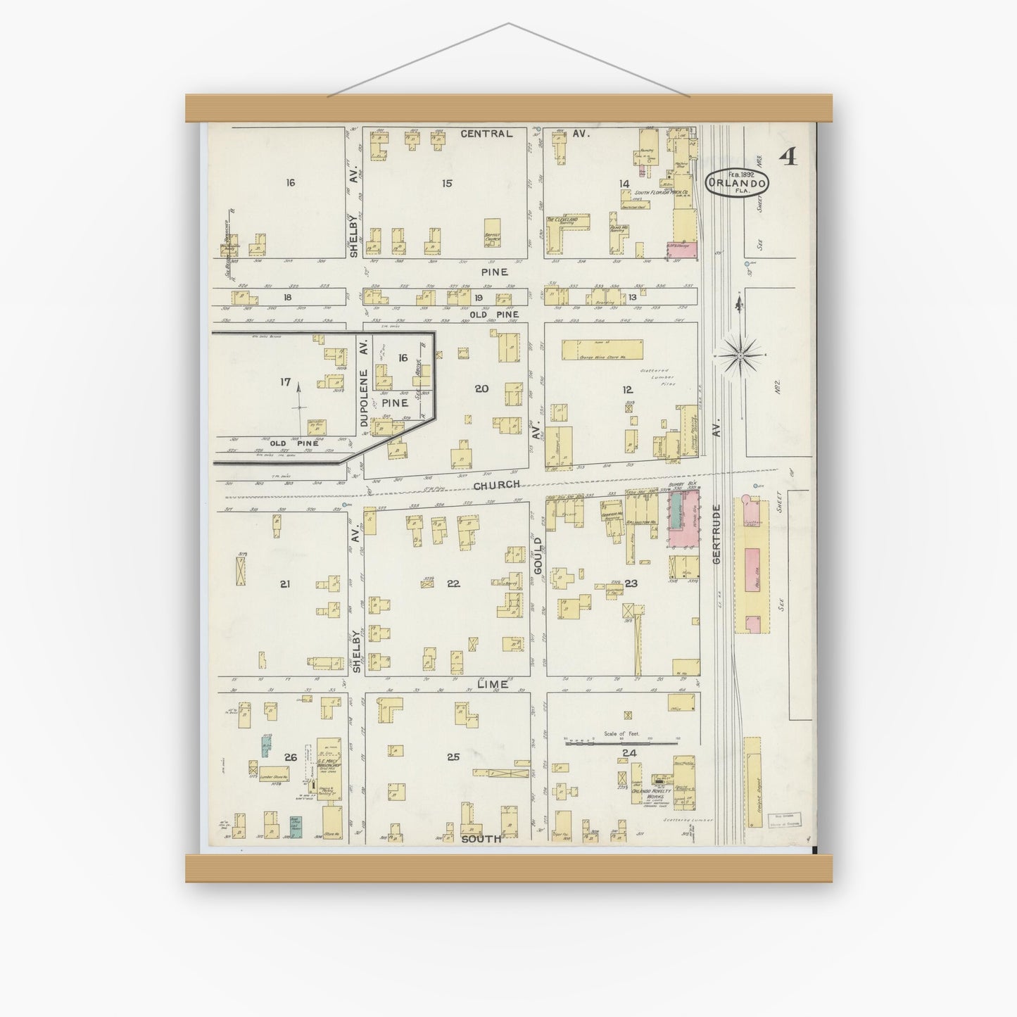 Old map wall art mockup — magnetic wood frame on white wall — Sanborn Fire Insurance Map from Orlando, Orange County, Florida (1892), Sheet #0004