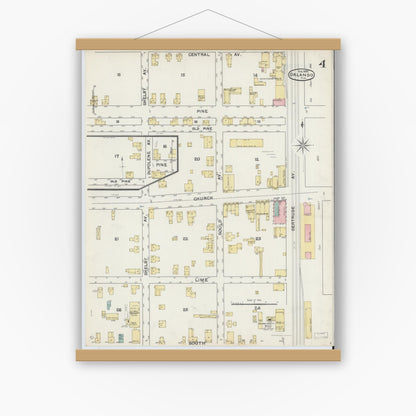 Old map wall art mockup — magnetic wood frame on white wall — Sanborn Fire Insurance Map from Orlando, Orange County, Florida (1892), Sheet #0004