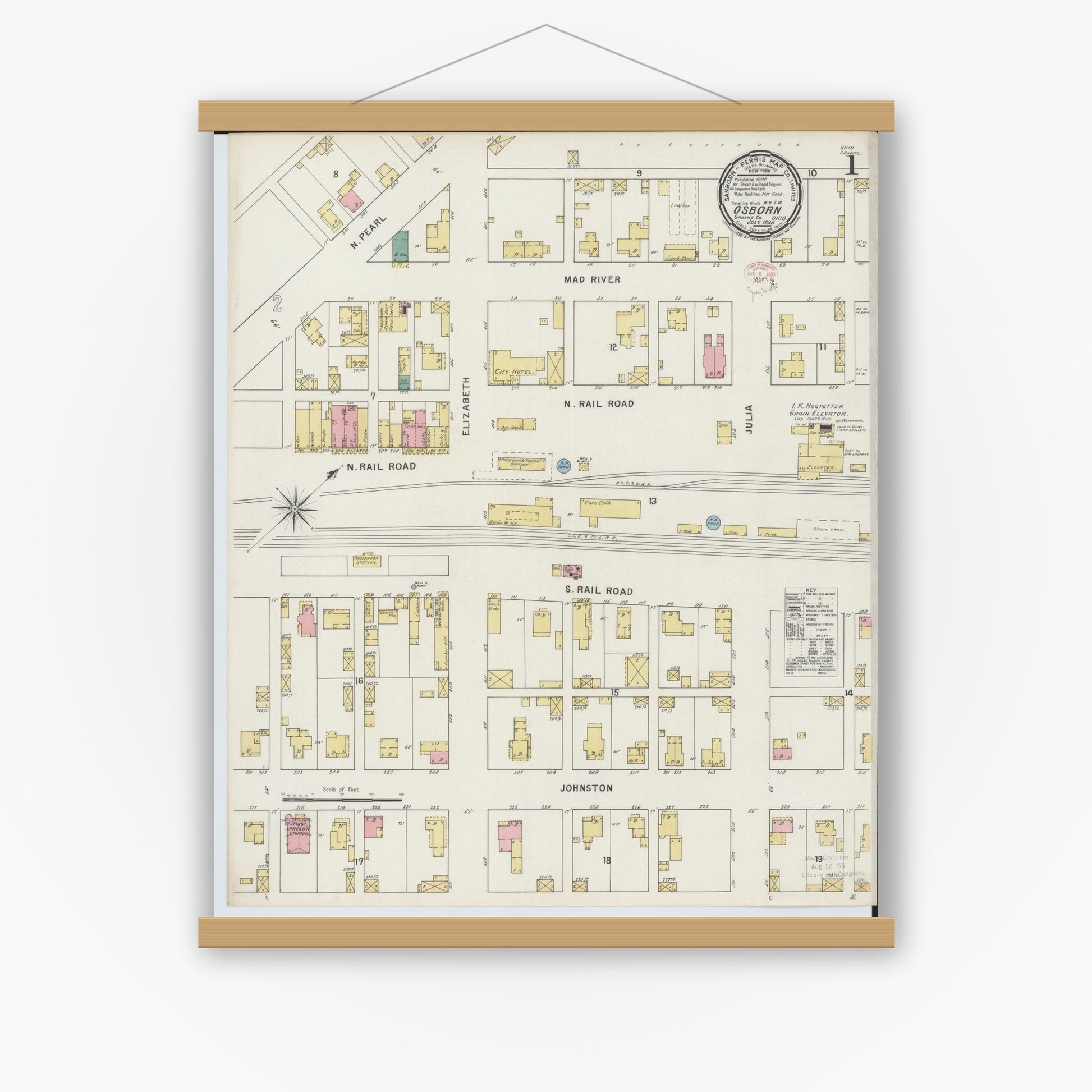 Old map wall art mockup — magnetic wood frame on white wall — Sanborn Fire Insurance Map from Osborn, Greene County, Ohio (1895), Sheet #0001