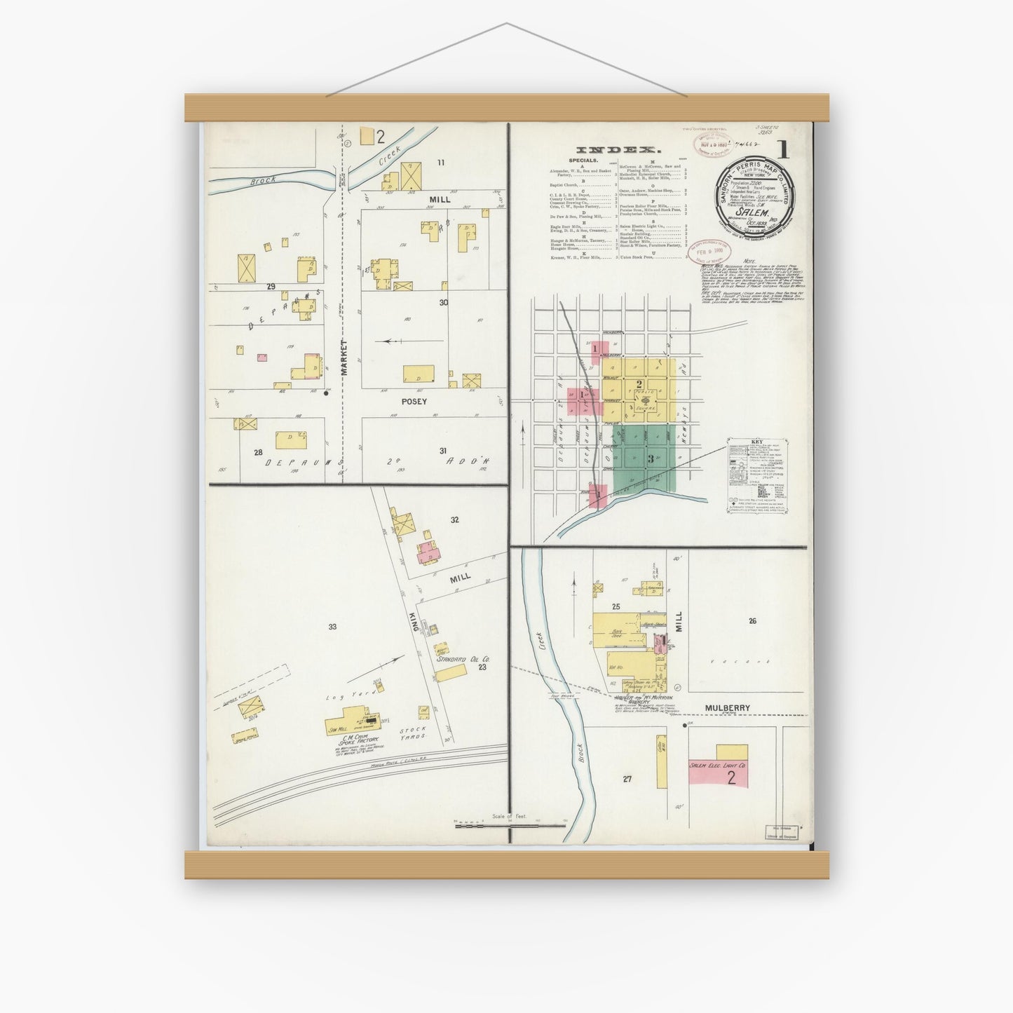 Old map wall art mockup — magnetic wood frame on white wall — Sanborn Fire Insurance Map from Salem, Washington County, Indiana (1899) - Complete Map Set