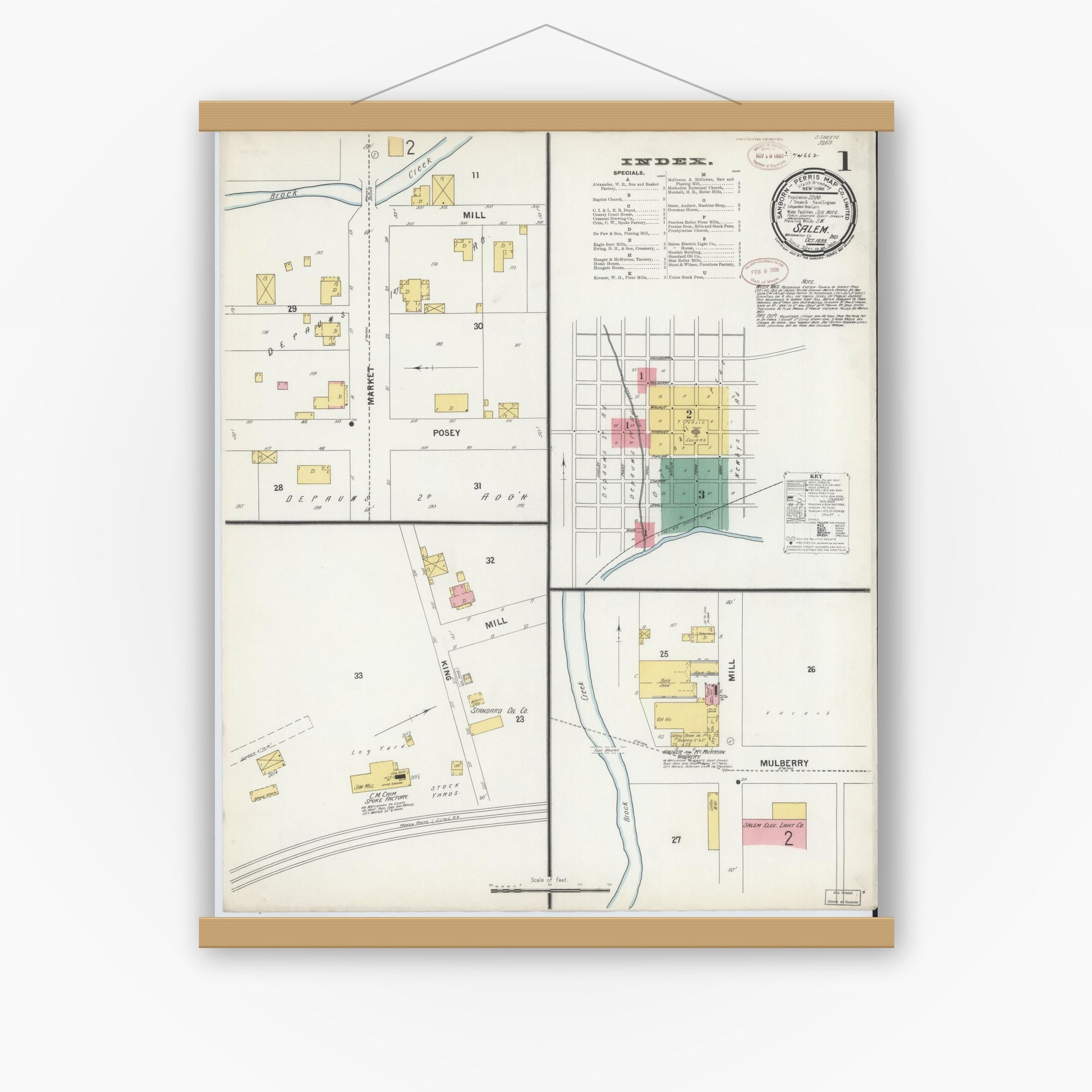 Old map wall art mockup — magnetic wood frame on white wall — Sanborn Fire Insurance Map from Salem, Washington County, Indiana (1899) - Complete Map Set