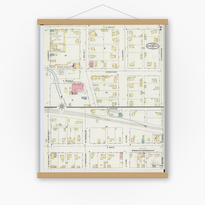 Old map wall art mockup — magnetic wood frame on white wall — Sanborn Fire Insurance Map from Van Wert, Van Wert County, Ohio (1895), Sheet #0007