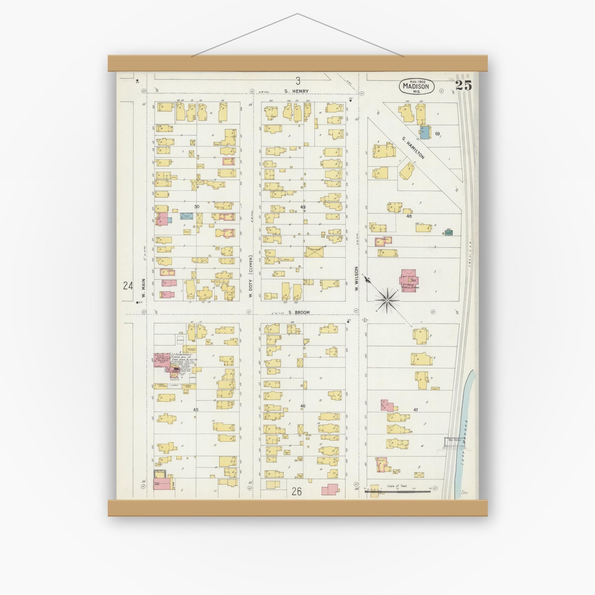 Old map wall art mockup — magnetic wood frame on white wall — Sanborn Fire Insurance Map from Madison, Dane County, Wisconsin (1902), Sheet #0025