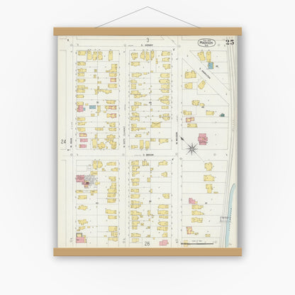Old map wall art mockup — magnetic wood frame on white wall — Sanborn Fire Insurance Map from Madison, Dane County, Wisconsin (1902), Sheet #0025