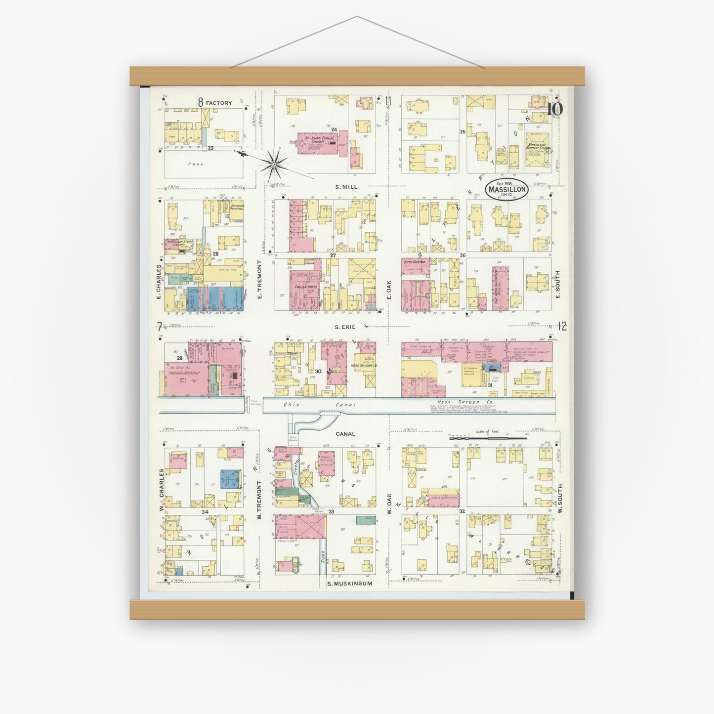 Old map wall art mockup — magnetic wood frame on white wall — Sanborn Fire Insurance Map from Massillon, Stark County, Ohio (1908), Sheet #0010