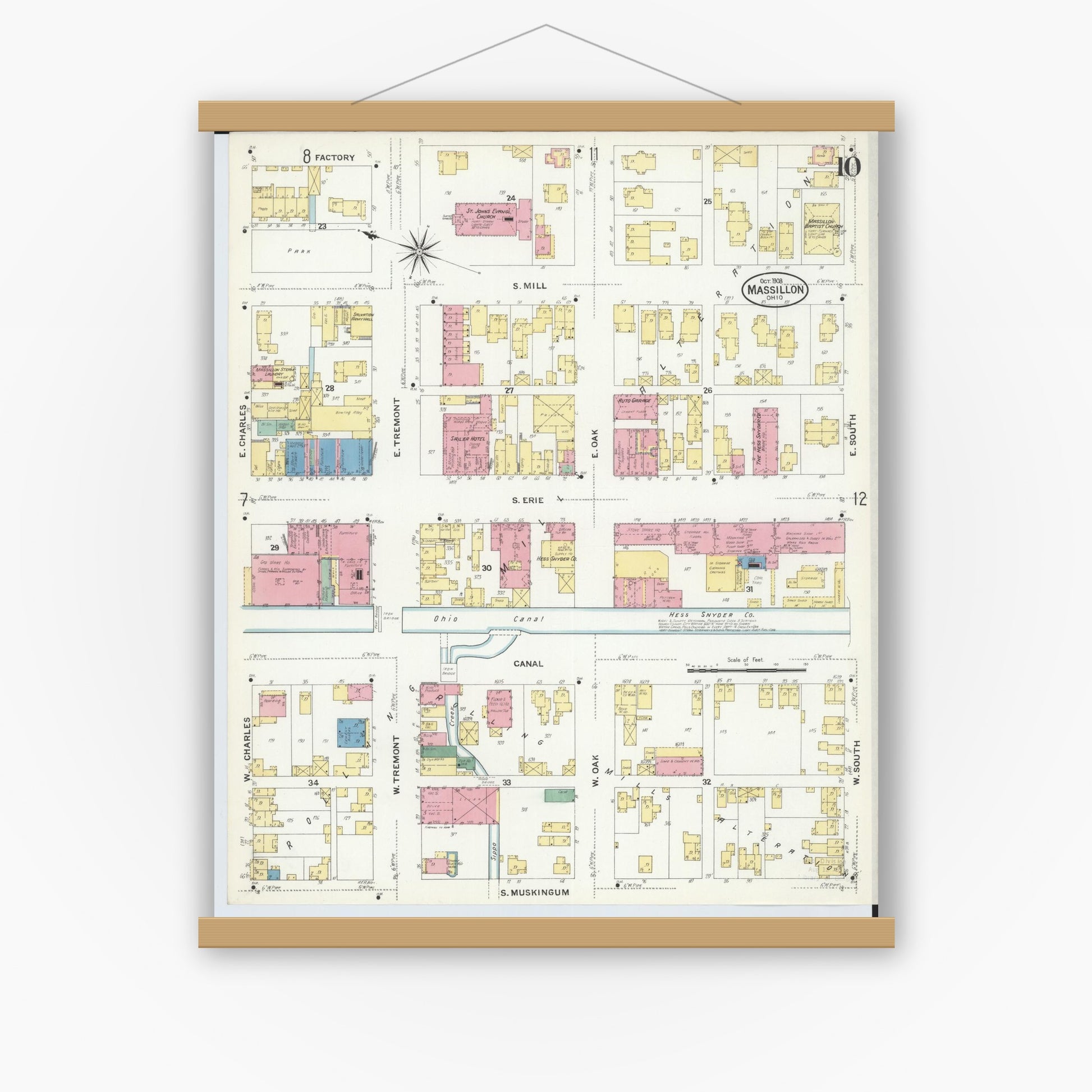 Old map wall art mockup — magnetic wood frame on white wall — Sanborn Fire Insurance Map from Massillon, Stark County, Ohio (1908), Sheet #0010