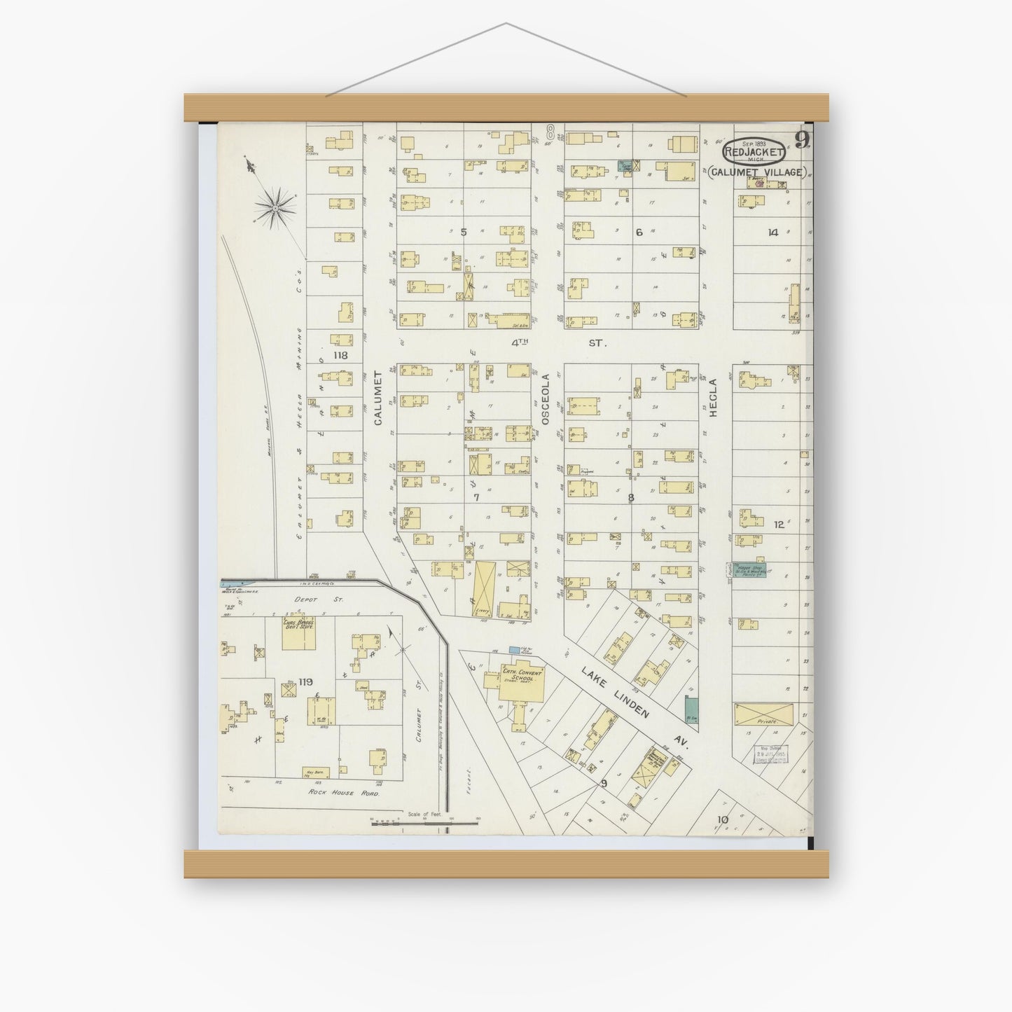 Old map wall art mockup — magnetic wood frame on white wall — Sanborn Fire Insurance Map from Red Jacket, Houghton County, Michigan (1893), Sheet #0009