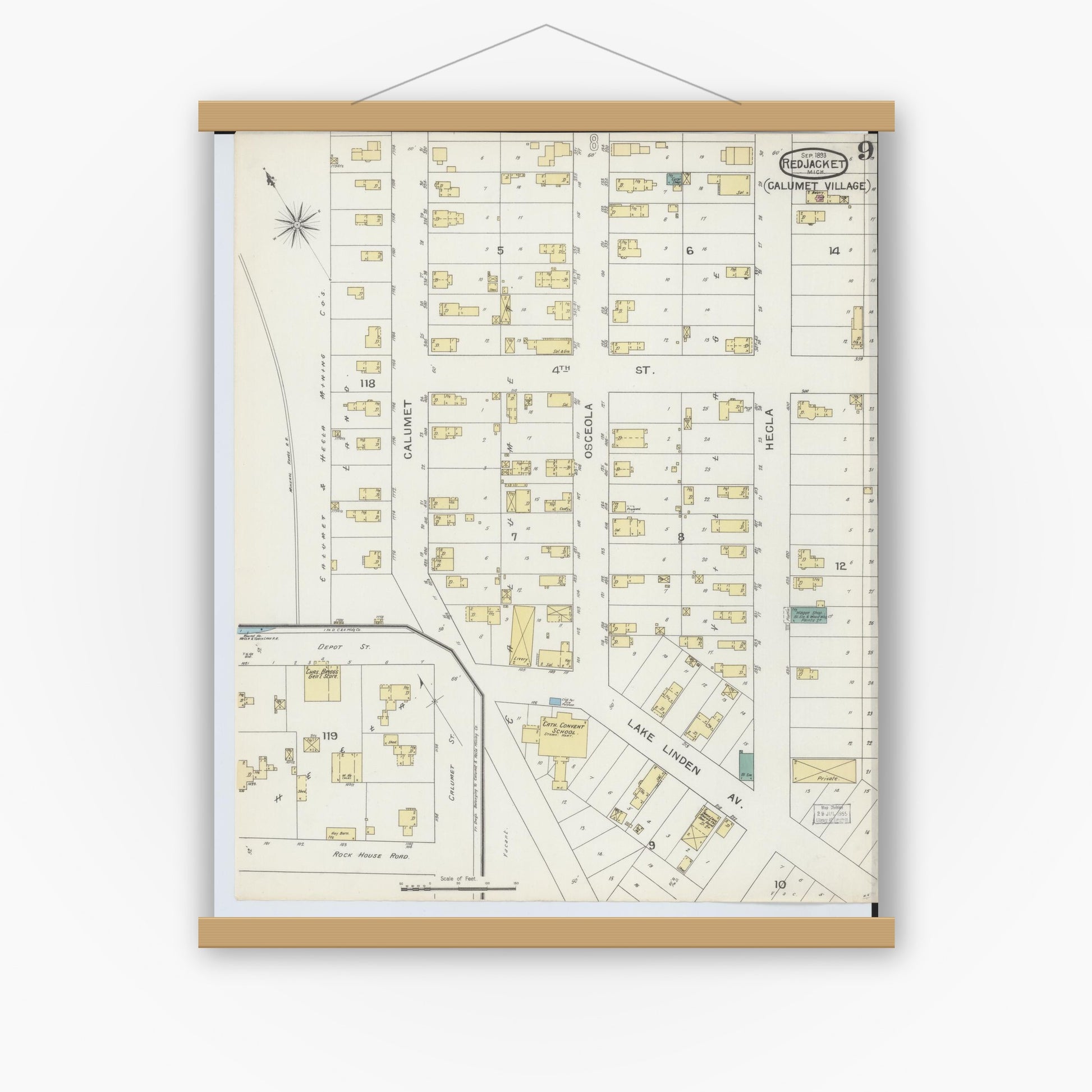 Old map wall art mockup — magnetic wood frame on white wall — Sanborn Fire Insurance Map from Red Jacket, Houghton County, Michigan (1893), Sheet #0009