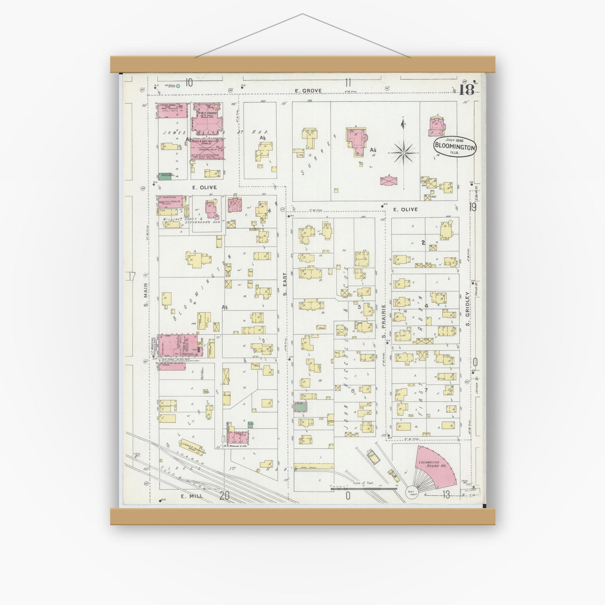 Old map wall art mockup — magnetic wood frame on white wall — Sanborn Fire Insurance Map from Bloomington, McLean County, Illinois (1896), Sheet #0018