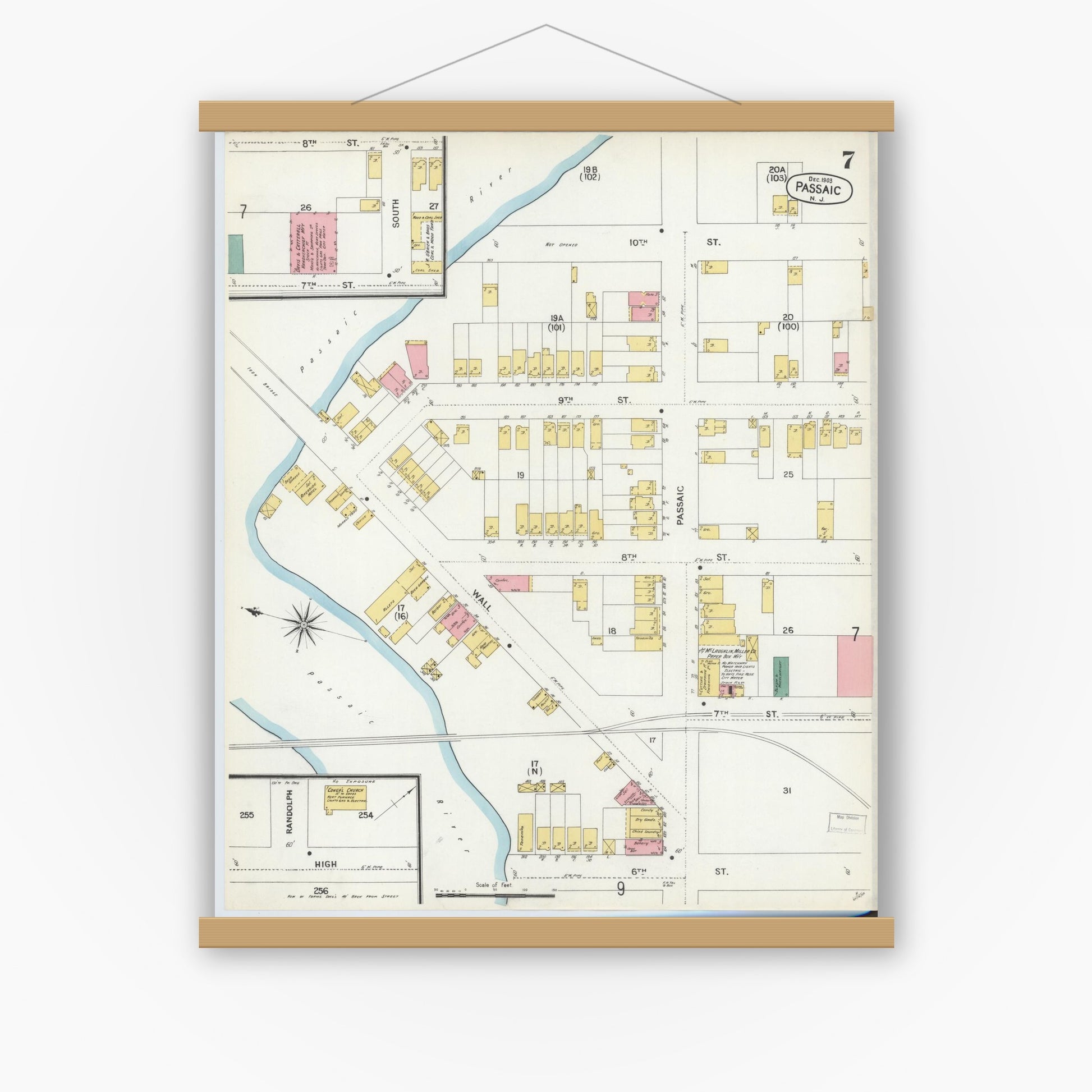 Old map wall art mockup — magnetic wood frame on white wall — Sanborn Fire Insurance Map from Passaic, Passaic County, New Jersey (1903), Sheet #0007