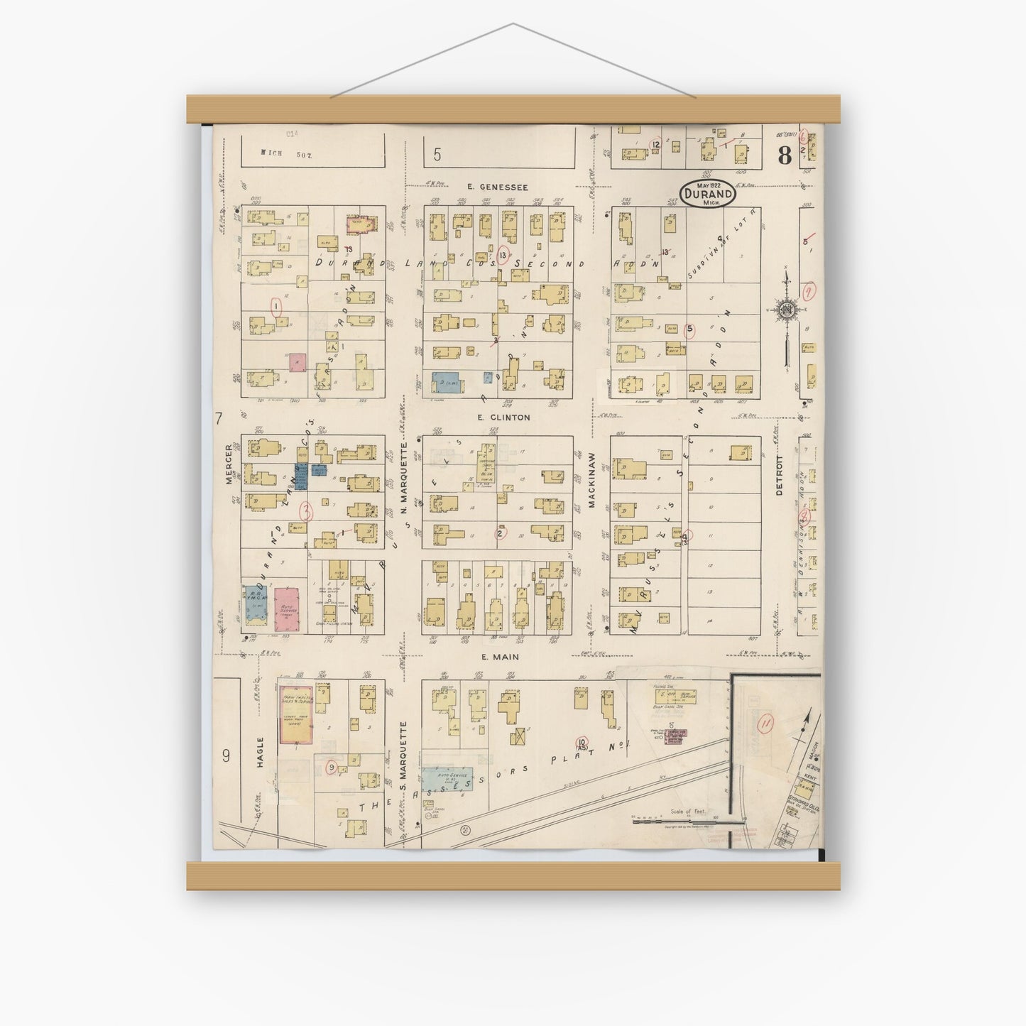 Old map wall art mockup — magnetic wood frame on white wall — Sanborn Fire Insurance Map from Durand, Shiawassee County, Michigan (1944), Sheet #0008