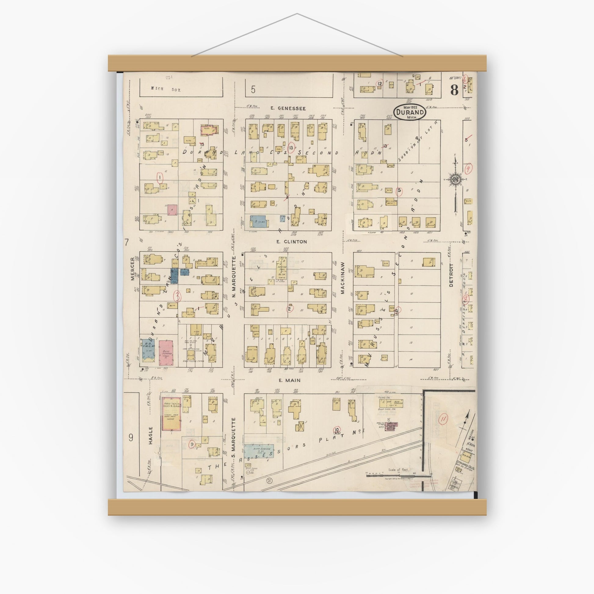 Old map wall art mockup — magnetic wood frame on white wall — Sanborn Fire Insurance Map from Durand, Shiawassee County, Michigan (1944), Sheet #0008
