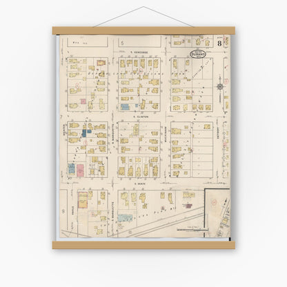 Old map wall art mockup — magnetic wood frame on white wall — Sanborn Fire Insurance Map from Durand, Shiawassee County, Michigan (1944), Sheet #0008