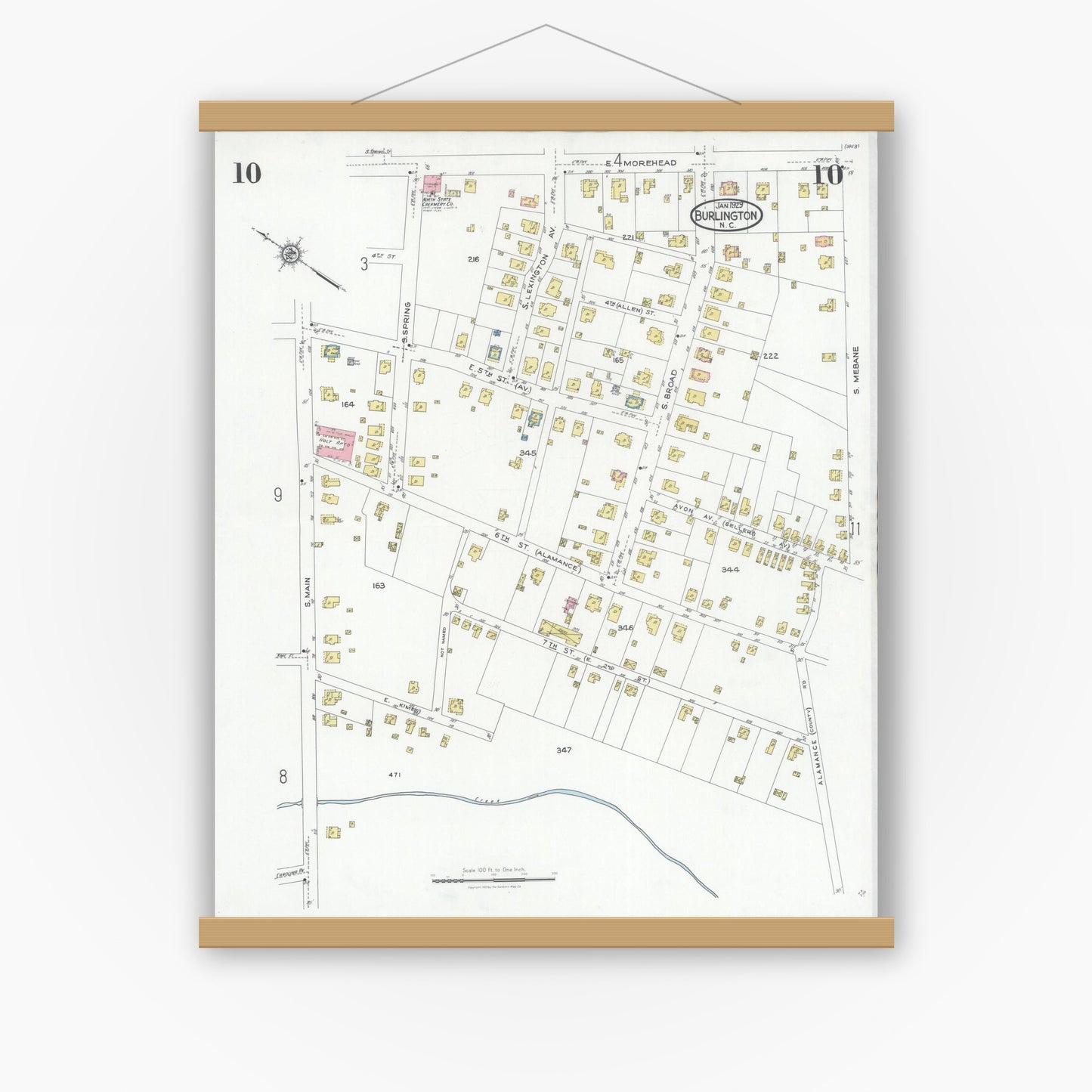 Old map wall art mockup — magnetic wood frame on white wall — Sanborn Fire Insurance Map from Burlington, Alamance County, North Carolina (1929), Sheet #0010