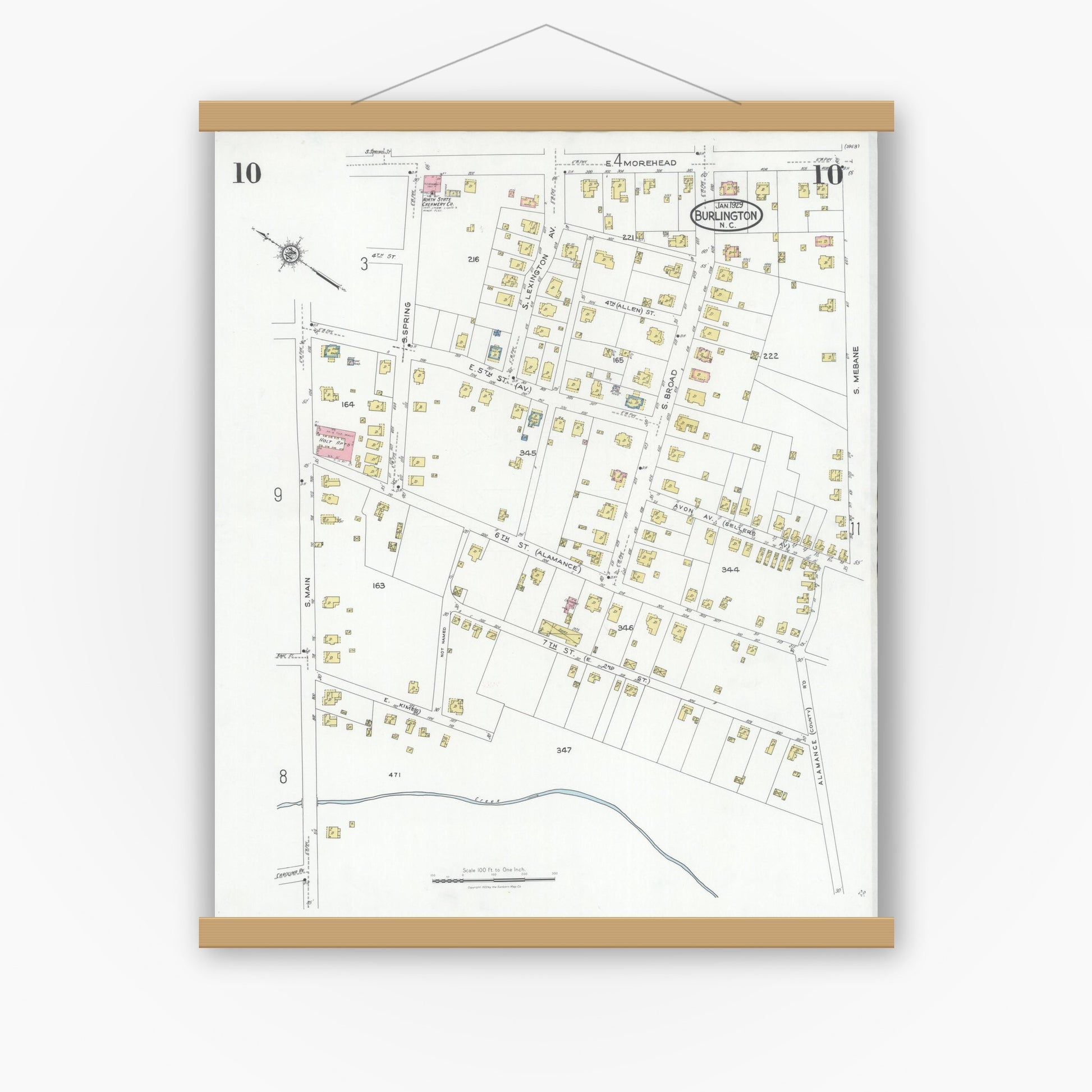 Old map wall art mockup — magnetic wood frame on white wall — Sanborn Fire Insurance Map from Burlington, Alamance County, North Carolina (1929), Sheet #0010