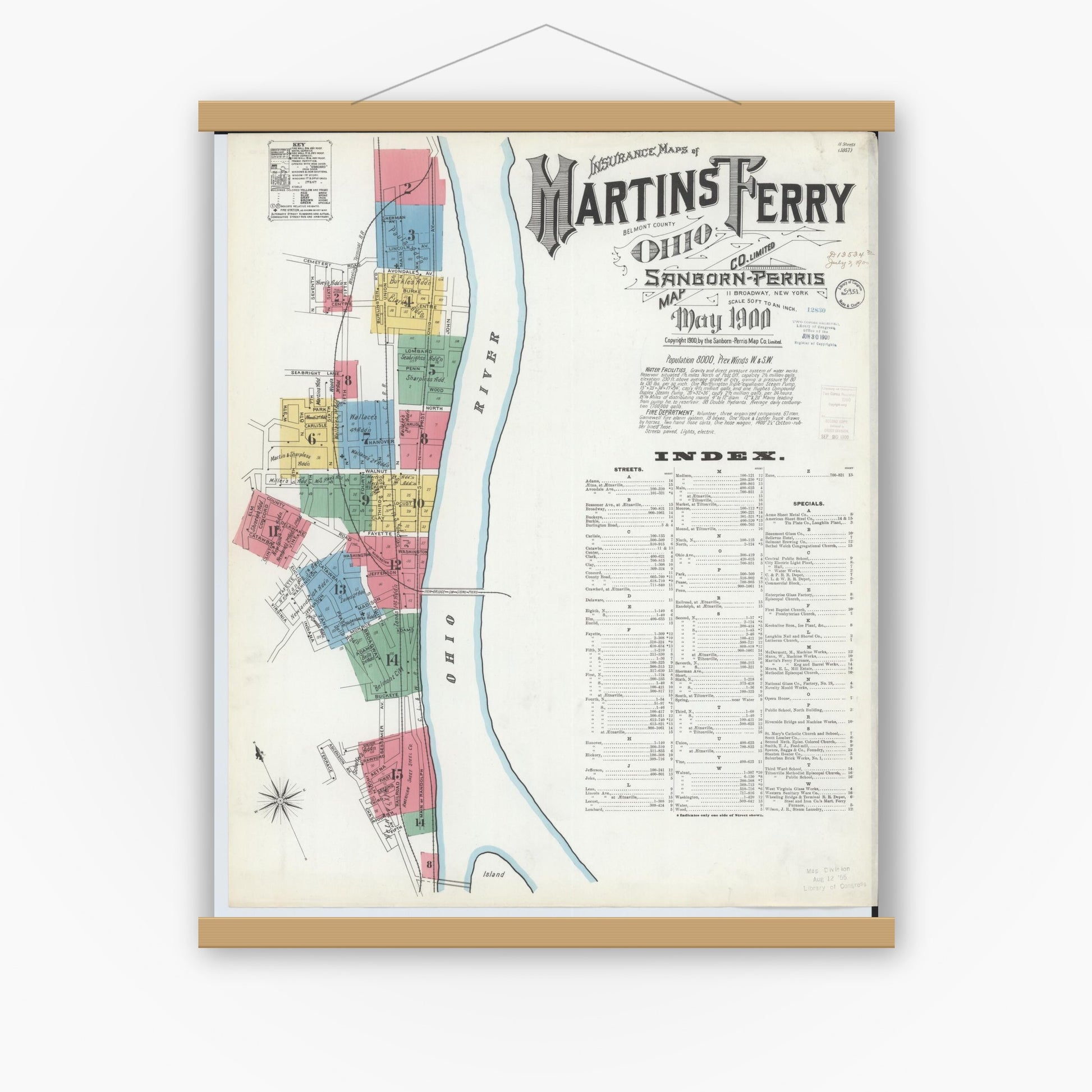 Old map wall art mockup — magnetic wood frame on white wall — Sanborn Fire Insurance Map from Martins Ferry, Belmont County, Ohio (1900) - Complete Map Set