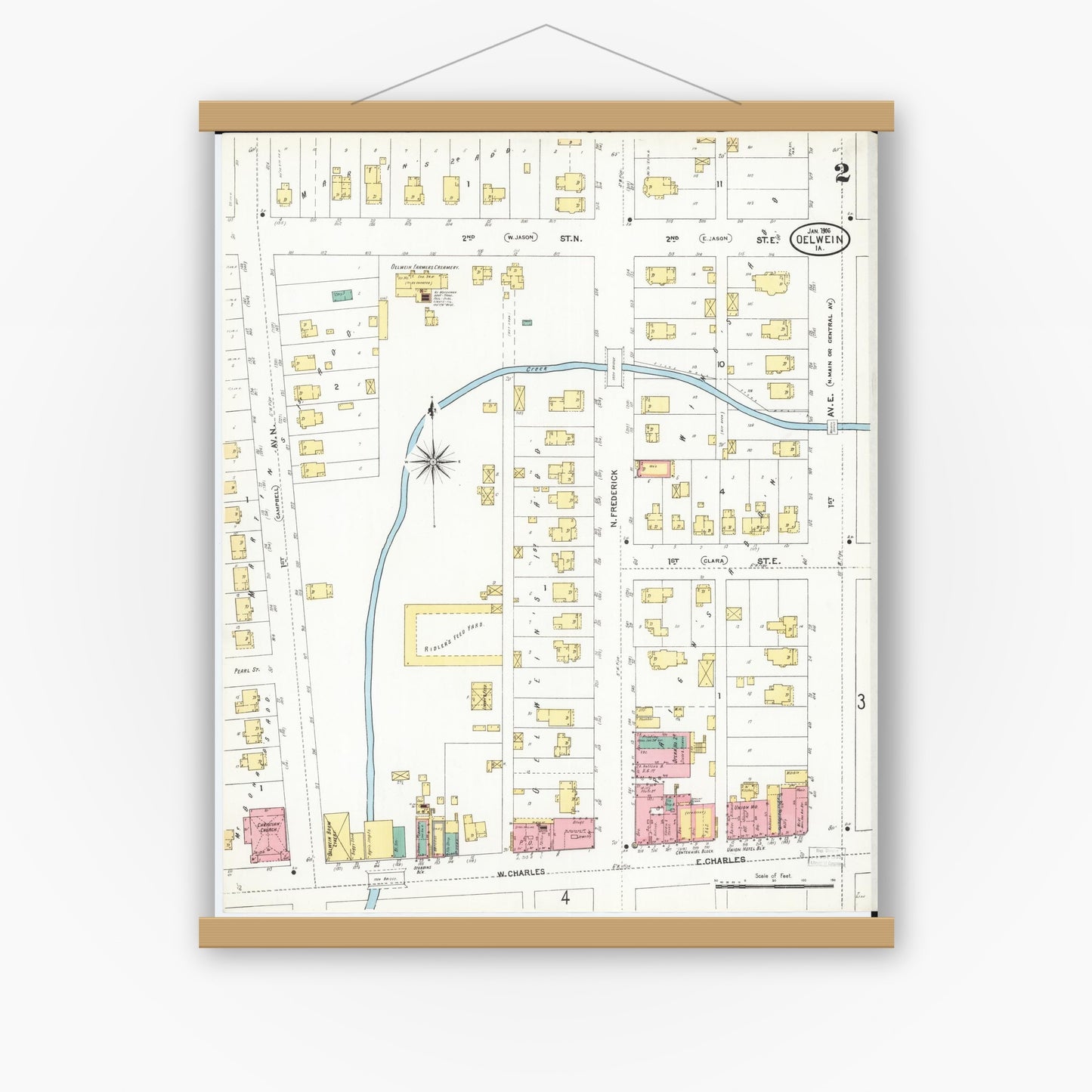 Old map wall art mockup — magnetic wood frame on white wall — Sanborn Fire Insurance Map from Oelwein, Fayette County, Iowa (1906), Sheet #0002