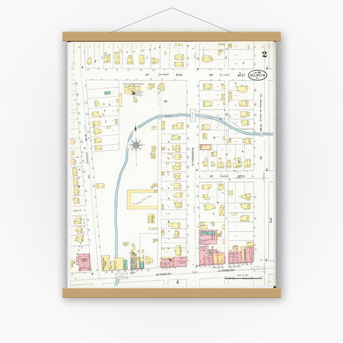 Old map wall art mockup — magnetic wood frame on white wall — Sanborn Fire Insurance Map from Oelwein, Fayette County, Iowa (1906), Sheet #0002